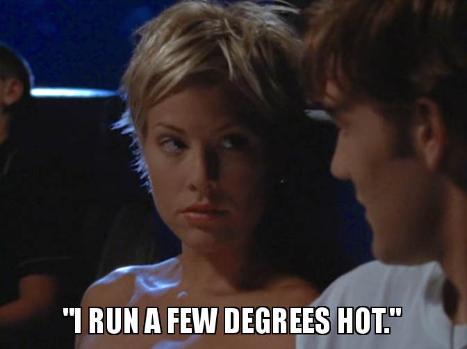 Image: Eve giving Dawson a sultry look on the bus. Text: 