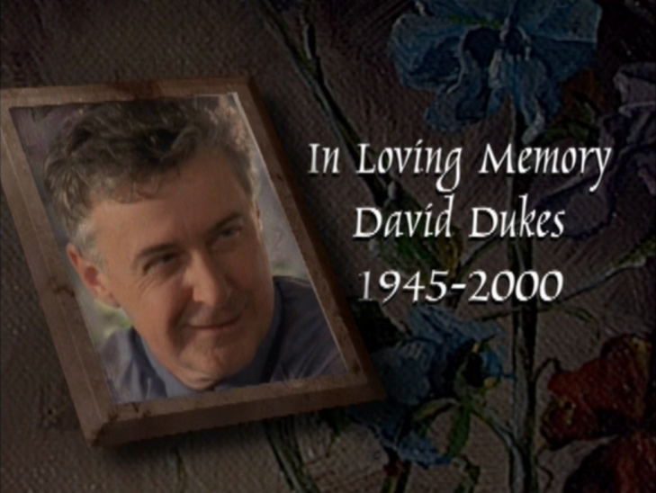 Shot of Andie and Jack's dad photoshopped into a picture frame. Caption: "In loving memory David Dukes 1945-2000"