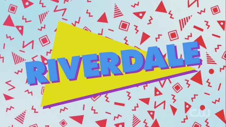 A "RIVERDALE" title card in a blue block font, over a yellow scalene triangle, with red confetti pattern behind it.